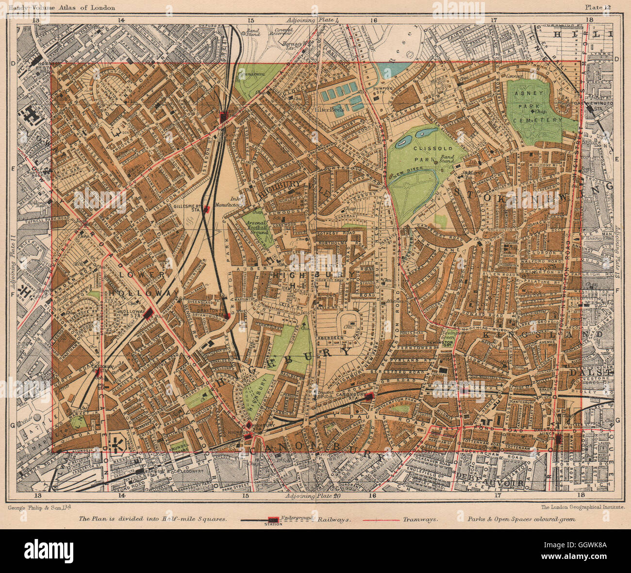 N Londra. Highbury Hill Canonbury Stoke Newington abbassare Holloway, 1932 mappa vecchia Foto Stock