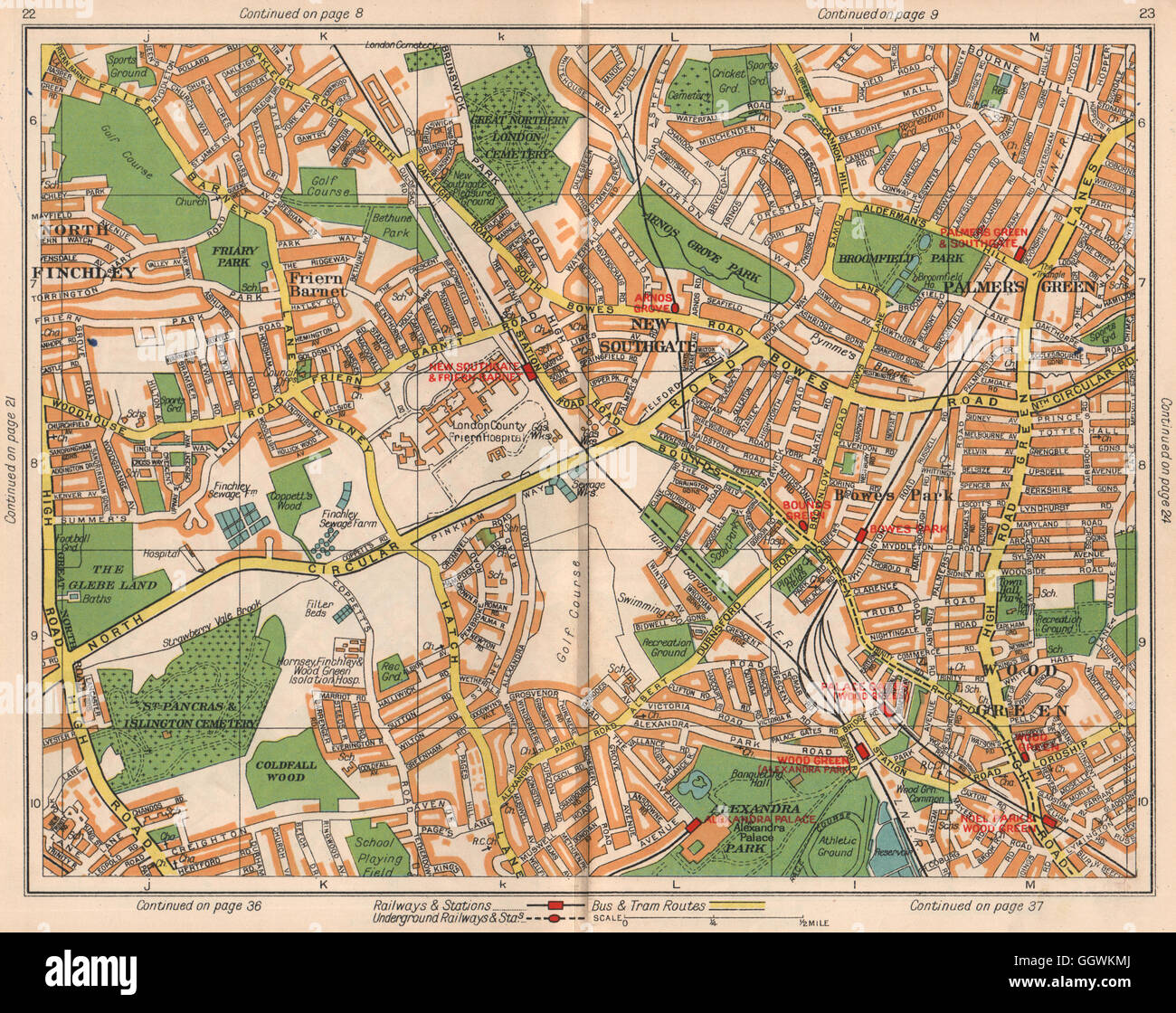 N Londra. Southgate Friern Barnet Palmer's Green Bowes Park Wood Green, 1938 Mappa Foto Stock