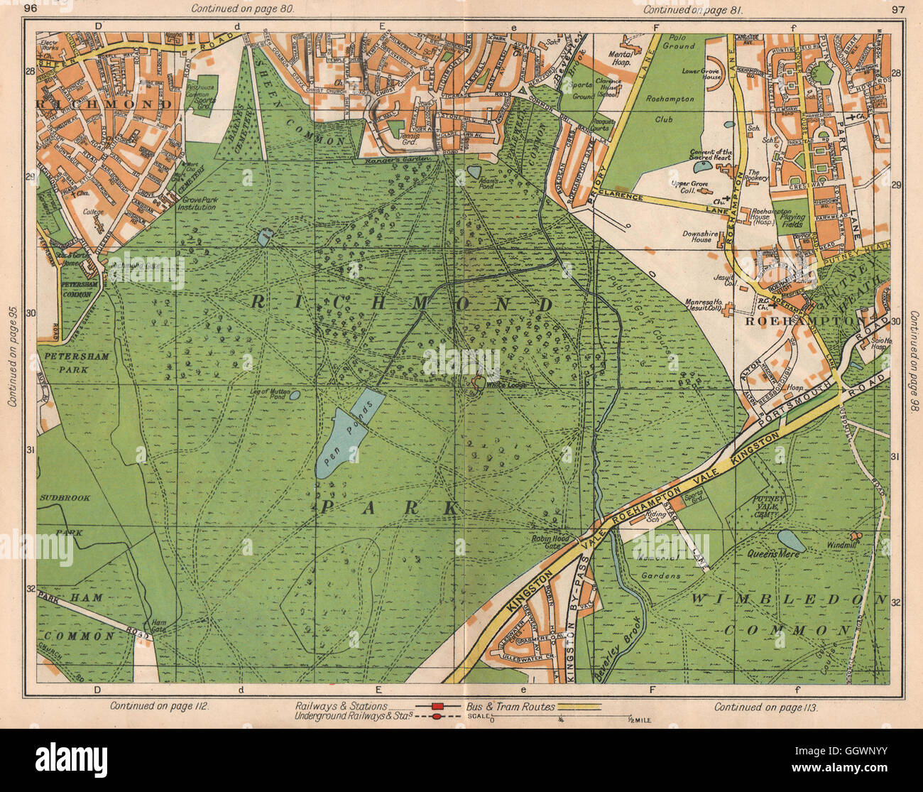 RICHMOND PARK. Ad East Sheen Roehampton Kingston Vale Wimbledon Common, 1938 Mappa Foto Stock