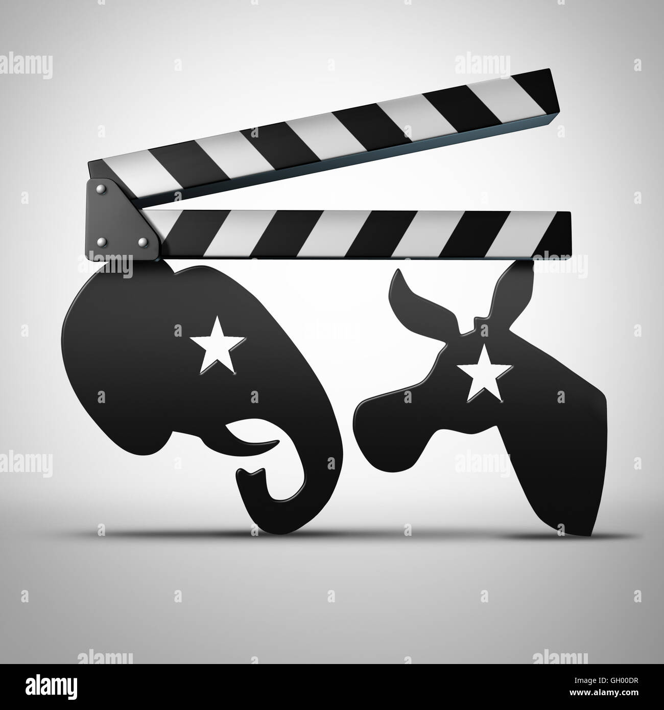 American elezione dei media e notizie politiche sul simbolo della televisione come un film o video clapboard conformata come un elefante generico e un asino come 3D'illustrazione. Foto Stock