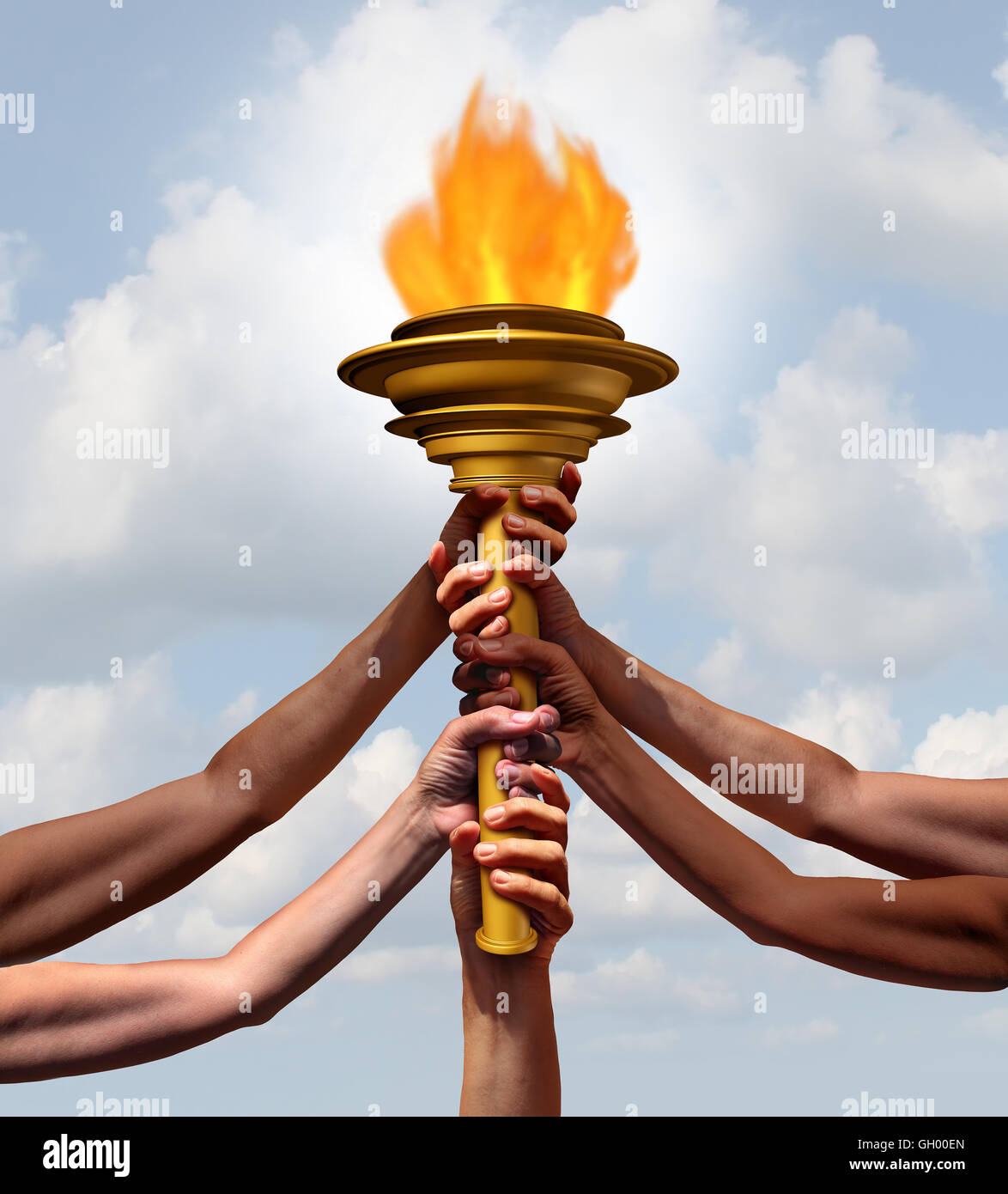 Le persone in possesso di una fiamma di torcia simbolo come un gruppo di diversi atleti o di membri di comunità aderenti nel sollevamento di un oggetto cresset insieme per sport cerimonia o un faro per l'amicizia con 3D'illustrazione degli elementi. Foto Stock