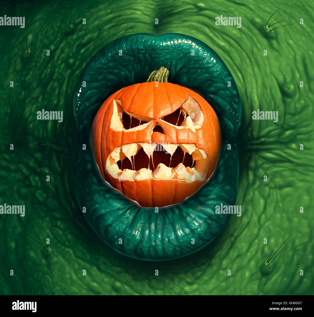 Mostro di halloween jack o lantern come una strega verde o carattere ogre mordere in una zucca con un pauroso espressione in un 3D illustrazione dello stile. Foto Stock
