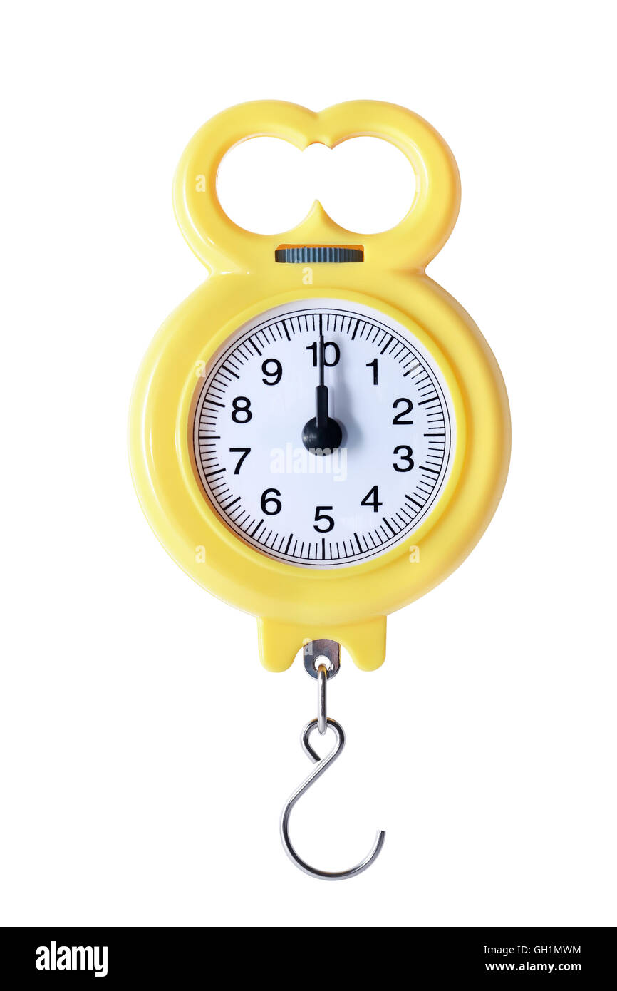 Nuovo portatile giallo pesatrice su sfondo bianco. Isolato con tracciato di ritaglio Foto Stock