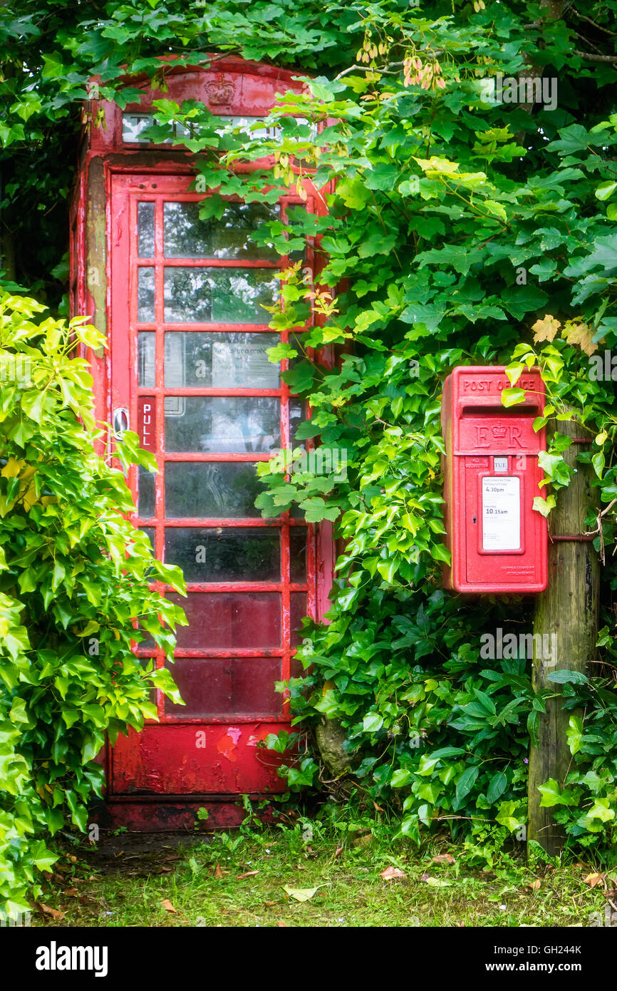 Un telefono pubblico di kiosk e casella postale in una posizione rurale ricoperta da alberi e arbusti Foto Stock