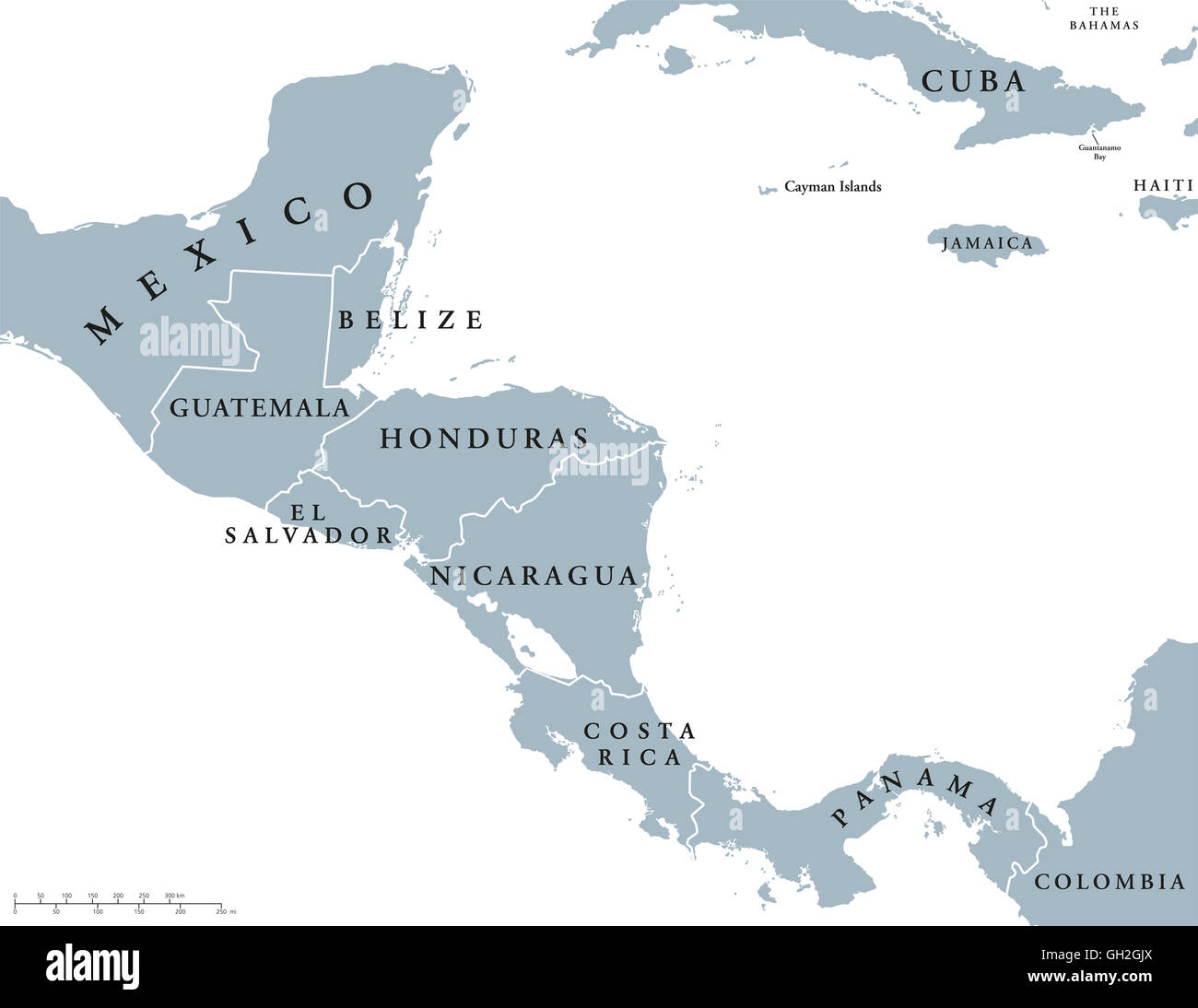 America centrale paesi mappa politico con i confini nazionali, dal Messico alla Colombia, collegando il nord e il Sud America. Foto Stock