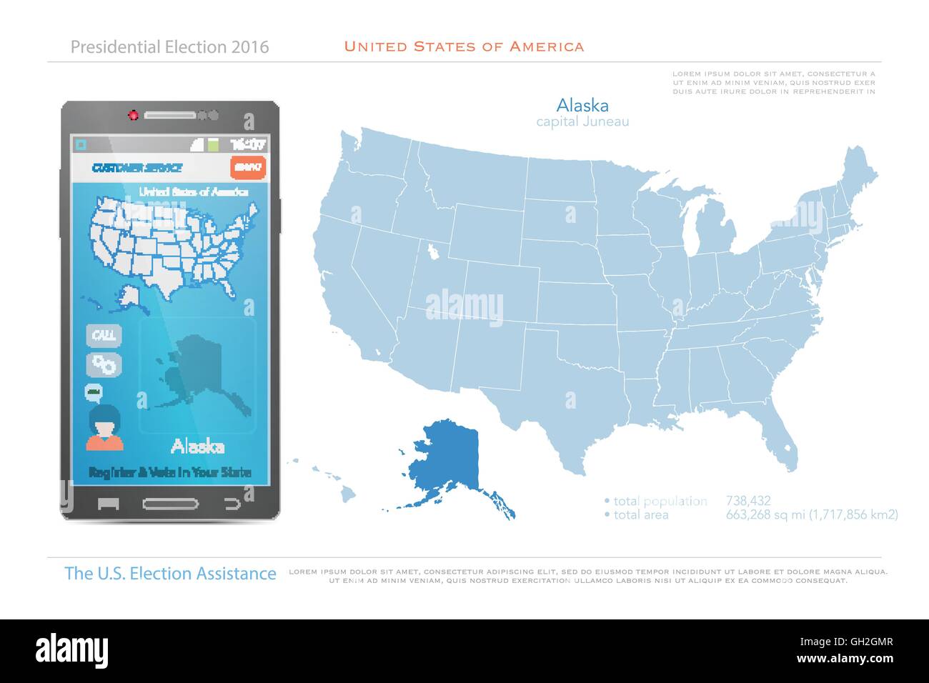 Stati Uniti d'America mappe e Alaska territorio dello stato. vettore USA mappa politico. Noi assistenza elettorale app per smart phone Illustrazione Vettoriale