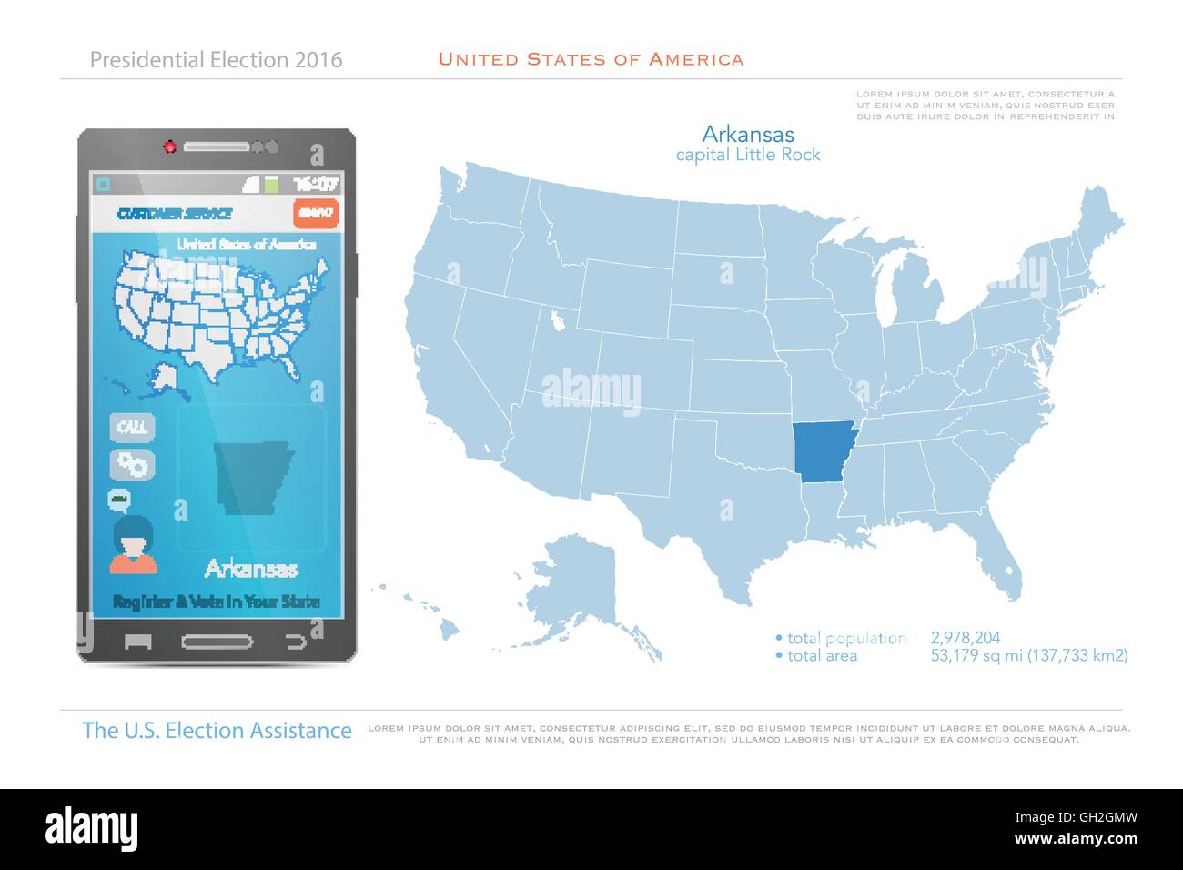 Stati Uniti d'America mappe e Arkansas territorio dello stato. vettore USA mappa politico. Noi assistenza elettorale app per smart phone Illustrazione Vettoriale