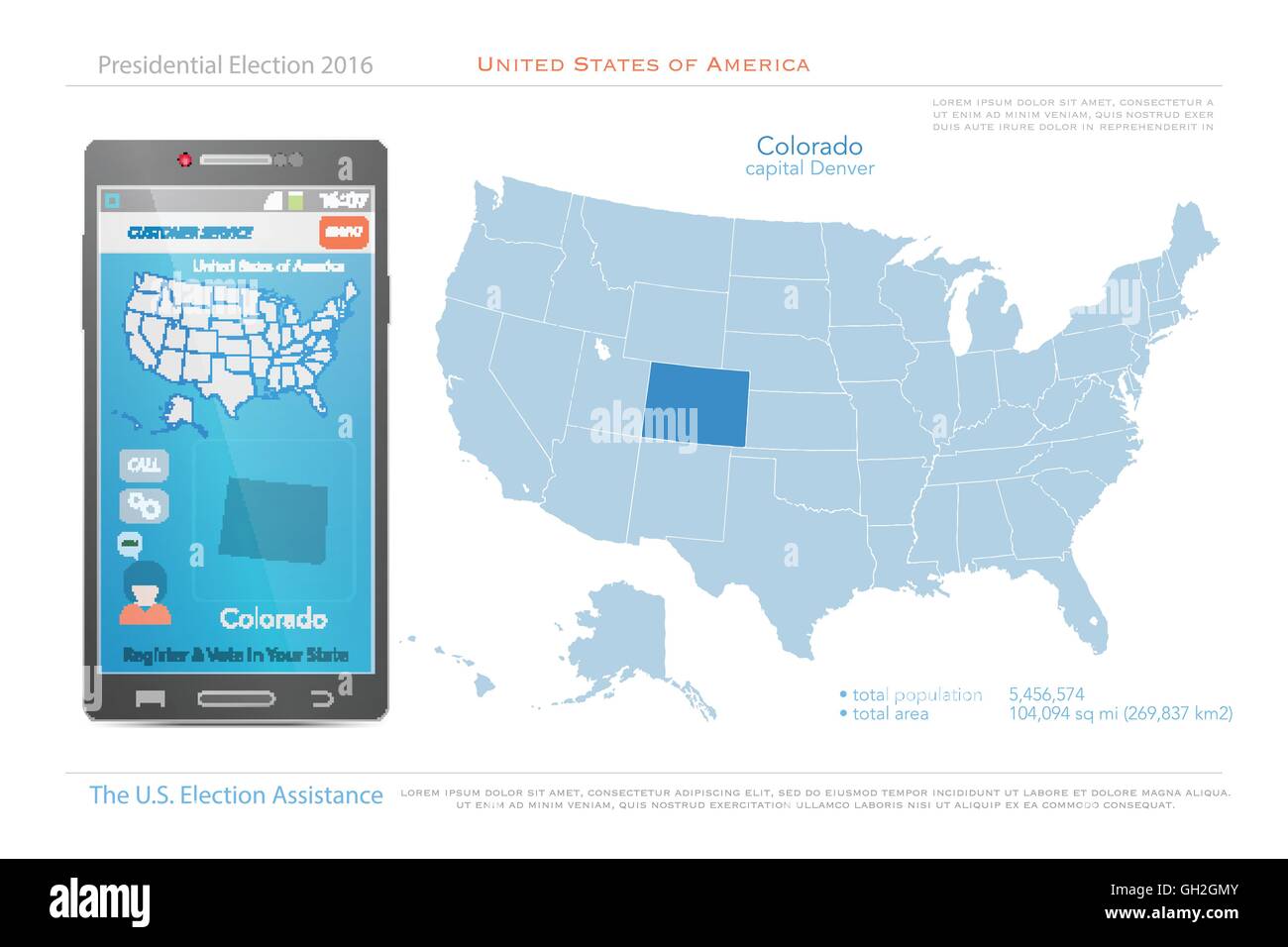 Stati Uniti d'America mappe e Colorado State territorio. vettore USA mappa politico. Noi assistenza elettorale app per smart phone Illustrazione Vettoriale