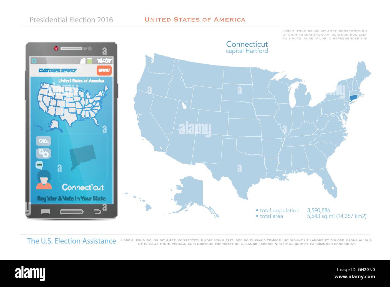 Stati Uniti d'America mappe e Connecticut State territorio. vettore USA mappa politico. Noi assistenza elettorale app per smart ph Illustrazione Vettoriale