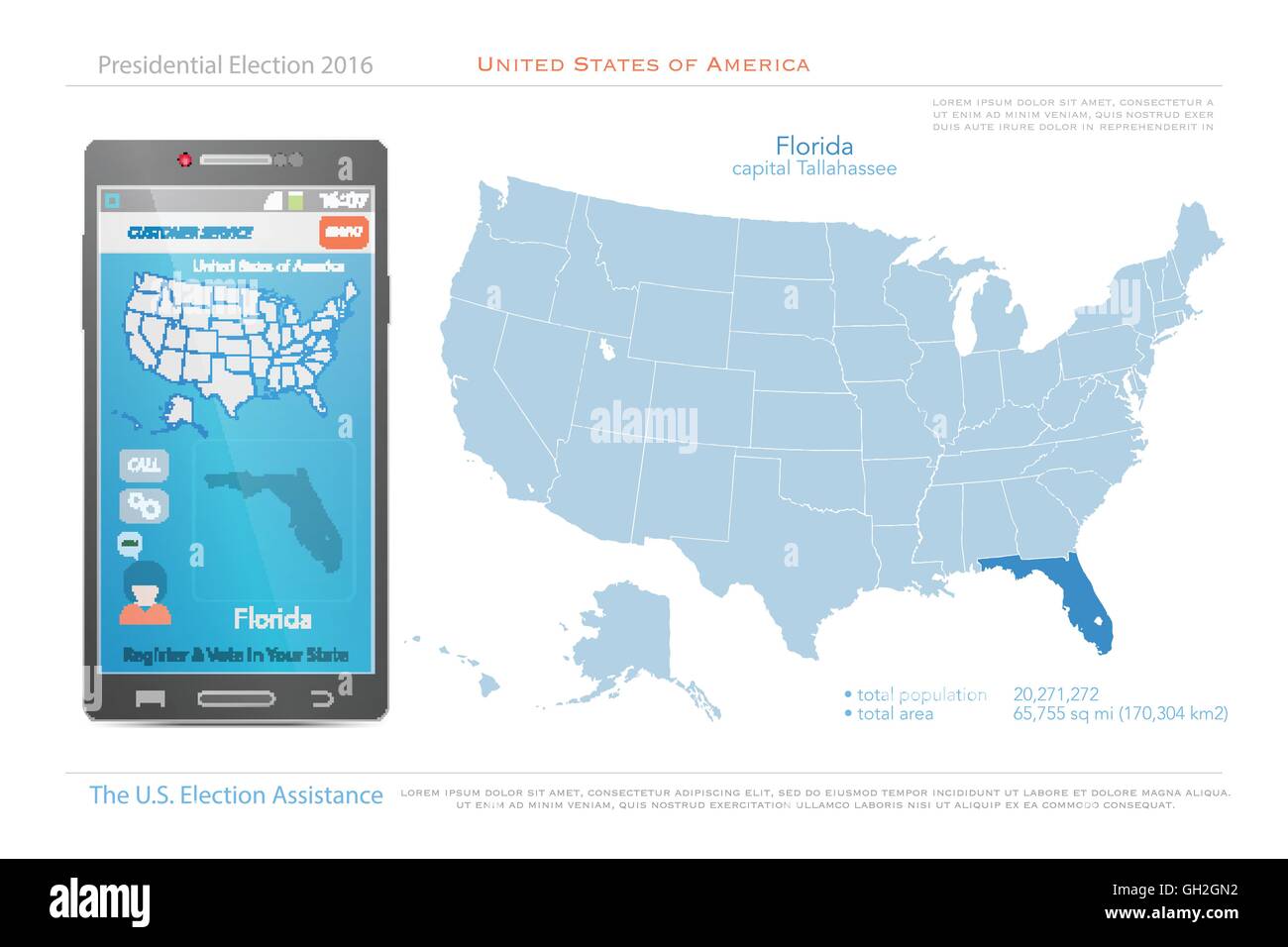 Stati Uniti d'America mappe e Florida state territorio. vettore USA mappa politico. Noi assistenza elettorale app per smart phone. Illustrazione Vettoriale