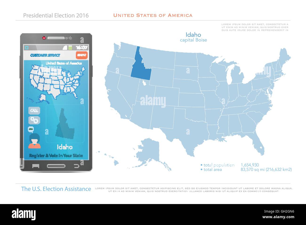 Stati Uniti d'America mappe e Idaho membro territorio. vettore USA mappa politico. Noi assistenza elettorale app per smart phone. t Illustrazione Vettoriale
