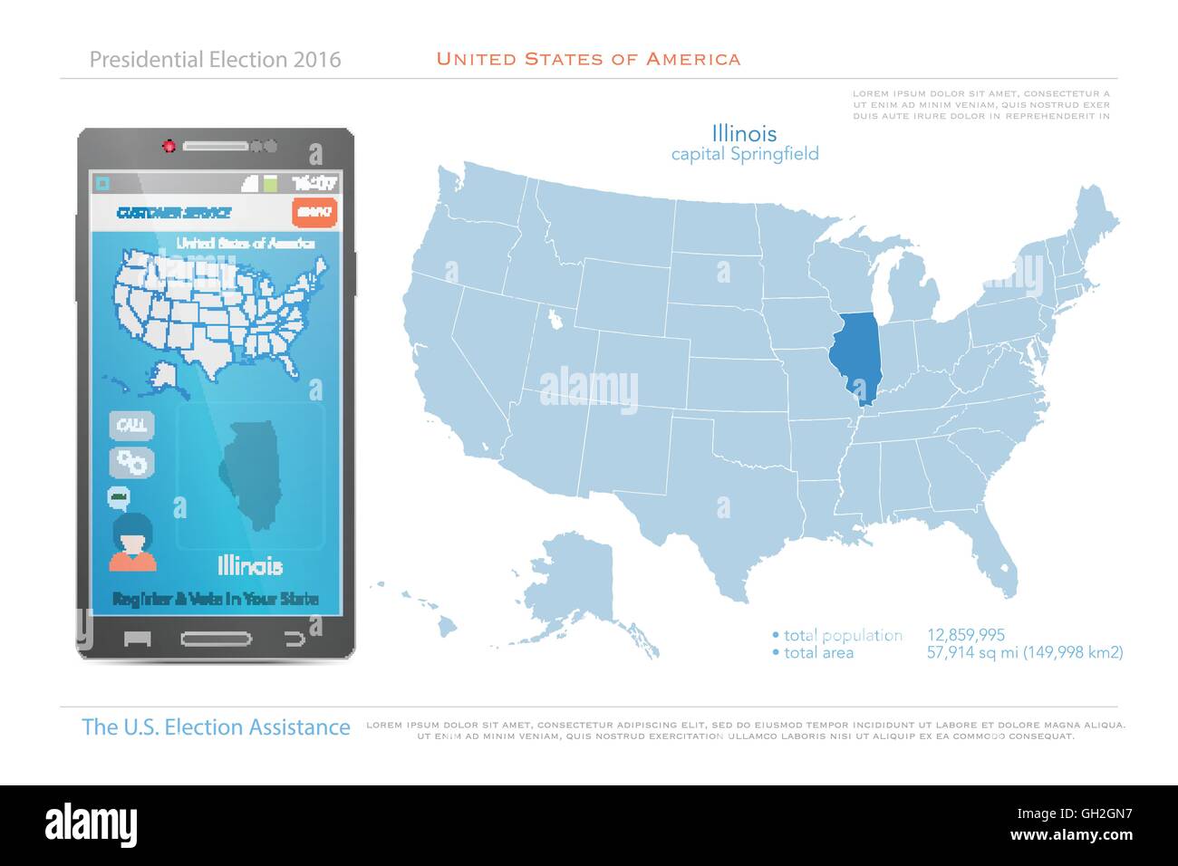 Stati Uniti d'America mappe e Illinois state territorio. vettore USA mappa politico. Noi assistenza elettorale app per smart phone Illustrazione Vettoriale
