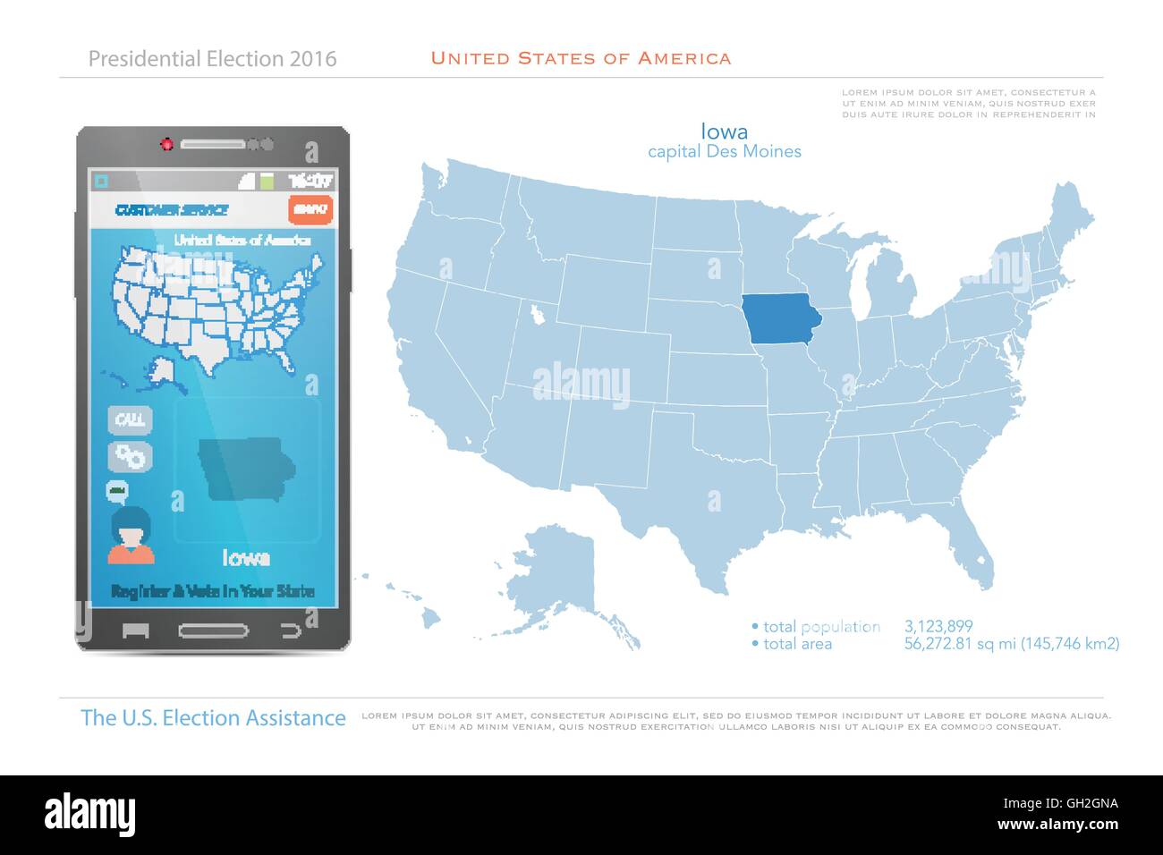 Stati Uniti d'America mappe e Iowa State territorio. vettore USA mappa politico. Noi assistenza elettorale app per smart phone. te Illustrazione Vettoriale
