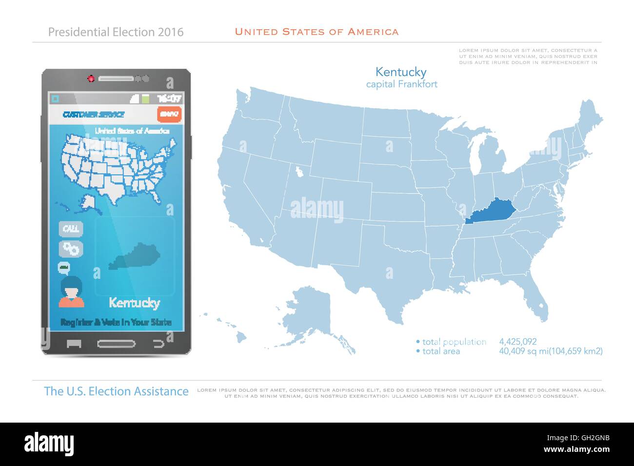 Stati Uniti d'America mappe e Kentucky membro territorio. vettore USA mappa politico. Noi assistenza elettorale app per smart phone Illustrazione Vettoriale