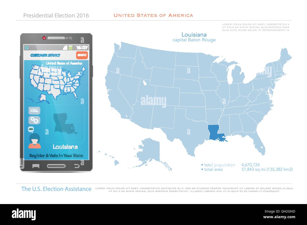 Stati Uniti d'America mappe e la Louisiana State territorio. vettore USA mappa politico. Noi assistenza elettorale app per smart phon Illustrazione Vettoriale