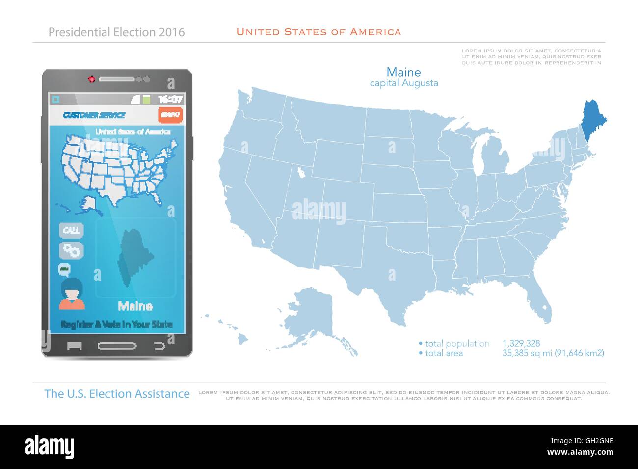 Stati Uniti d'America mappe e Maine membro territorio. vettore USA mappa politico. Noi assistenza elettorale app per smart phone. t Illustrazione Vettoriale