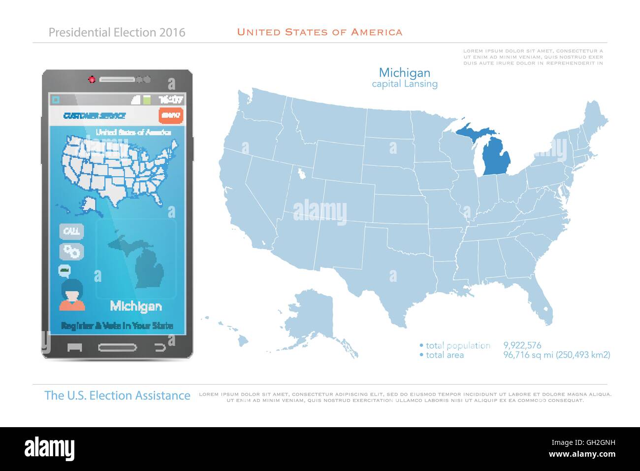 Stati Uniti d'America mappe e Michigan State territorio. vettore USA mappa politico. Noi assistenza elettorale app per smart phone Illustrazione Vettoriale