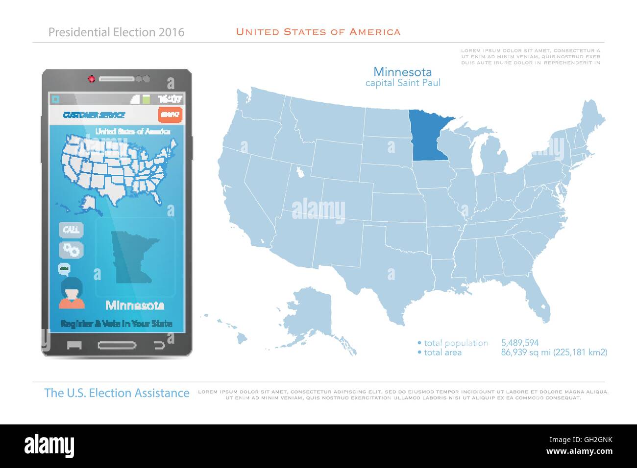 Stati Uniti d'America mappe e dello stato del Minnesota territorio. vettore USA mappa politico. Noi assistenza elettorale app per smart phon Illustrazione Vettoriale
