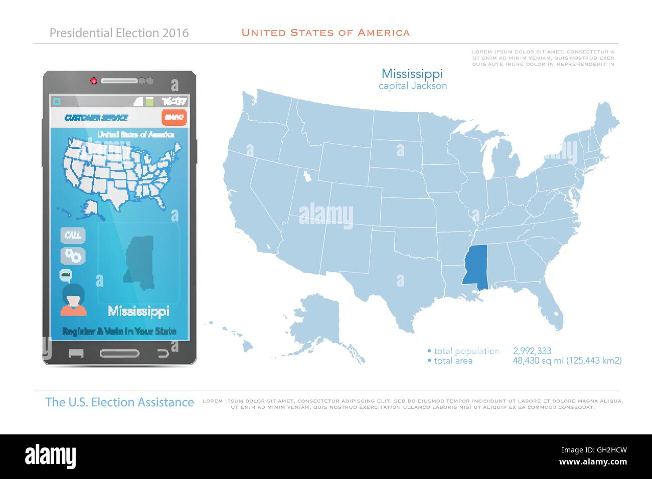 Stati Uniti d'America mappe e Mississippi State territorio. vettore USA mappa politico. Noi assistenza elettorale app per smart ph Illustrazione Vettoriale