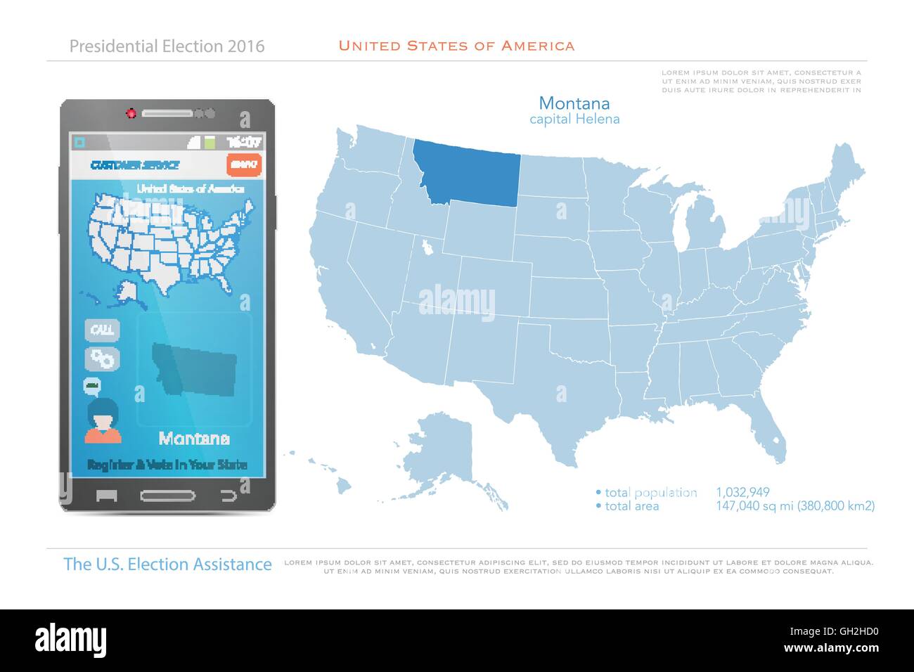 Stati Uniti d'America mappe e Montana di Stato territorio. vettore USA mappa politico. Noi assistenza elettorale app per smart phone. Illustrazione Vettoriale