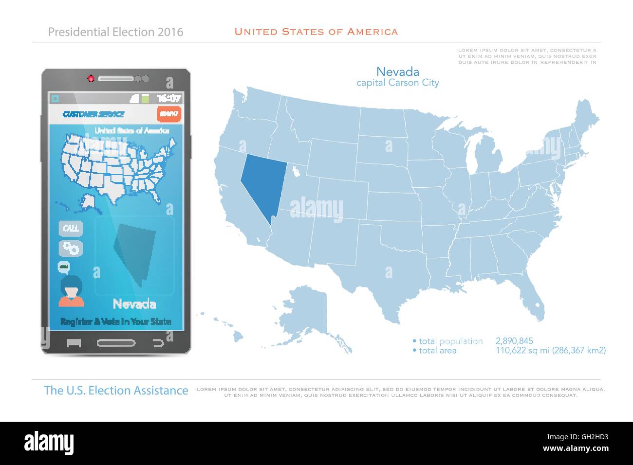 Stati Uniti d'America mappe e Stato di Nevada territorio. vettore USA mappa politico. Noi assistenza elettorale app per smart phone. Illustrazione Vettoriale