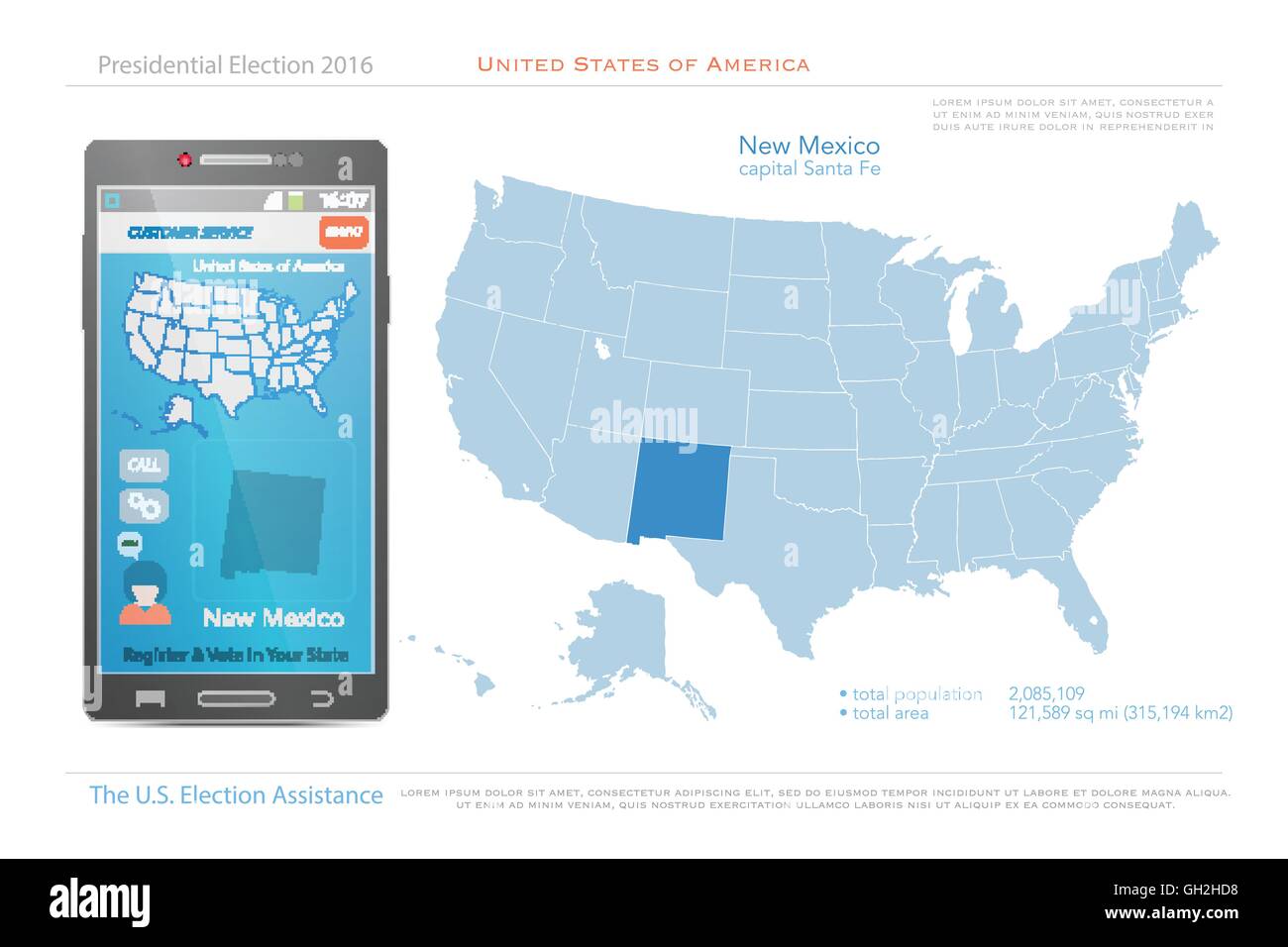 Stati Uniti d'America mappe e dello stato del New Mexico territorio. vettore USA mappa politico. Noi assistenza elettorale app per smart pho Illustrazione Vettoriale