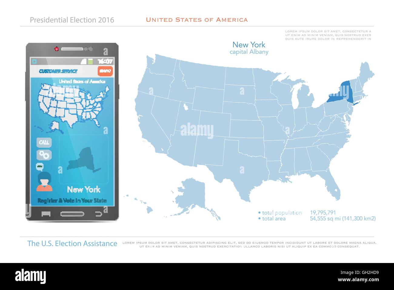 Stati Uniti d'America mappe e lo stato di New York territorio. vettore USA mappa politico. Noi assistenza elettorale app per smart phone Illustrazione Vettoriale