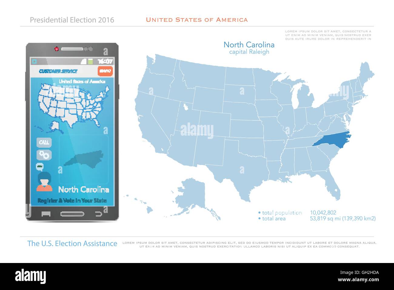 Stati Uniti d'America mappe e dello stato del Nord Carolina territorio. vettore USA mappa politico. Noi assistenza elettorale app per smart Illustrazione Vettoriale