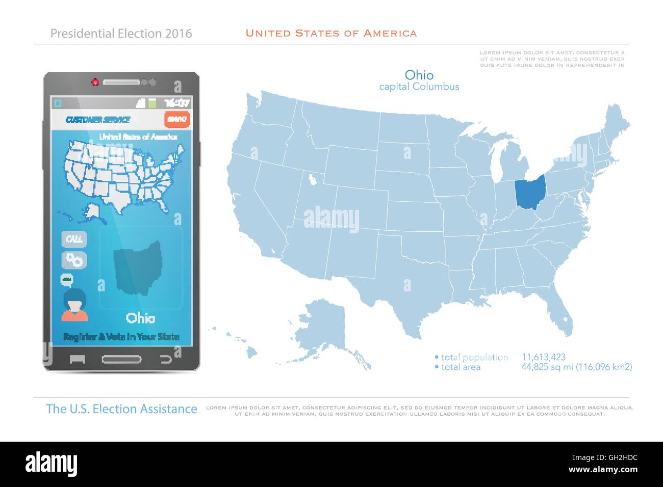 Stati Uniti d'America mappe e Ohio State territorio. vettore USA mappa politico. Noi assistenza elettorale app per smart phone. te Illustrazione Vettoriale