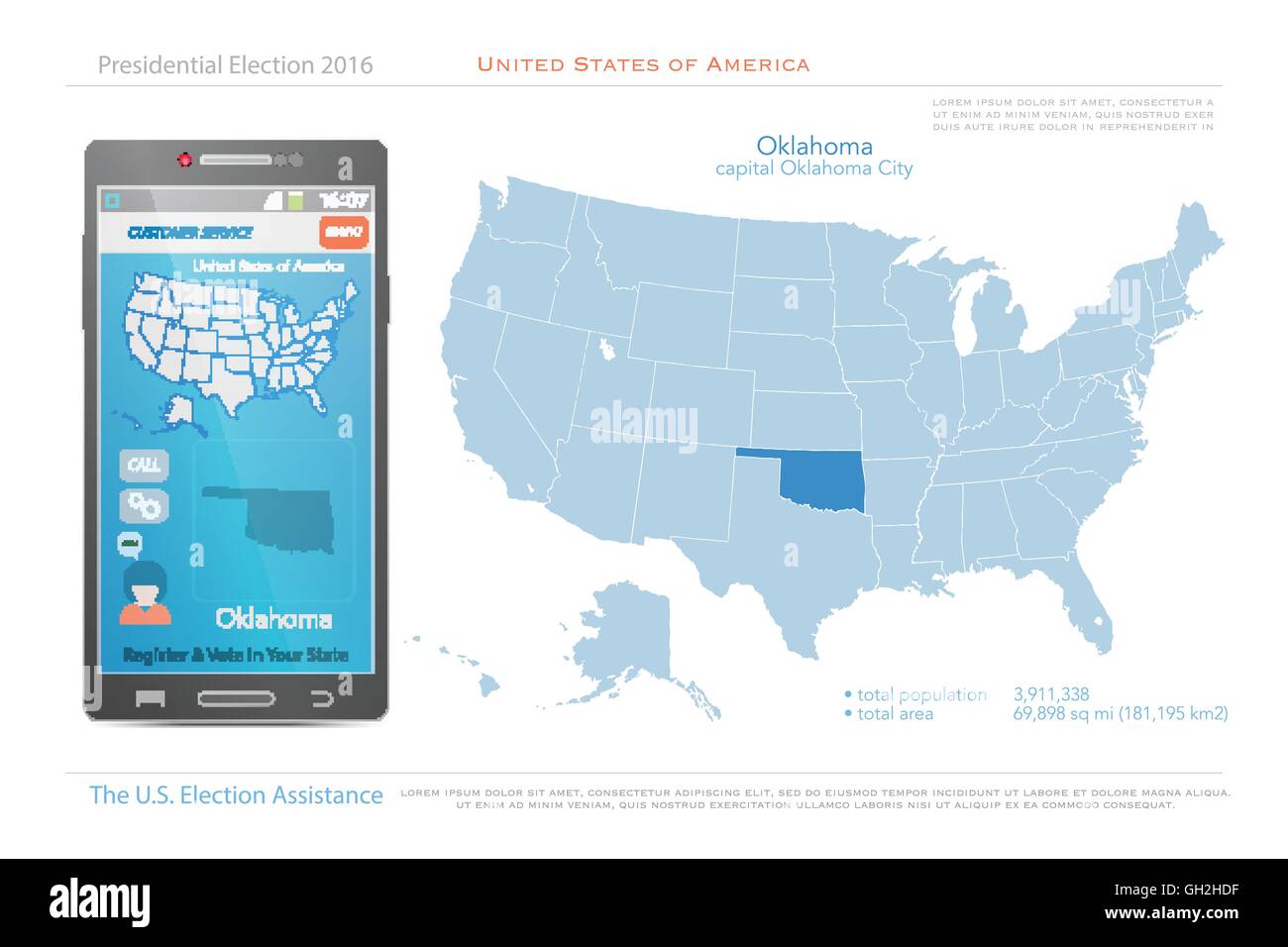 Stati Uniti d'America mappe e Oklahoma State territorio. vettore USA mappa politico. Noi assistenza elettorale app per smart phone Illustrazione Vettoriale