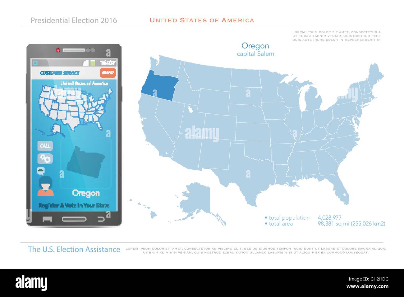 Stati Uniti d'America mappe e Oregon state territorio. vettore USA mappa politico. Noi assistenza elettorale app per smart phone. Illustrazione Vettoriale
