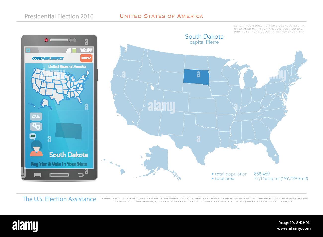 Stati Uniti d'America mappe e Sud Dakota membro territorio. vettore USA mappa politico. Noi assistenza elettorale app per smart p Illustrazione Vettoriale