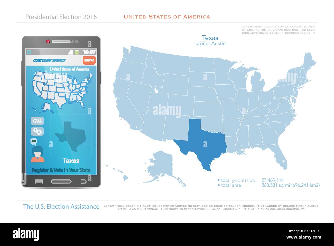 Stati Uniti d'America mappe e Texas membro territorio. vettore USA mappa politico. Noi assistenza elettorale app per smart phone. t Illustrazione Vettoriale