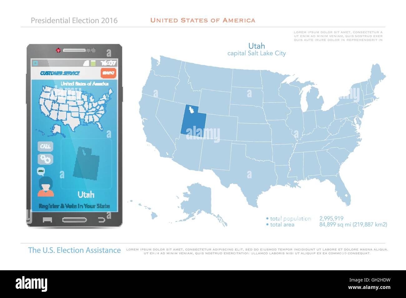 Stati Uniti d'America mappe e dello stato dello Utah territorio. vettore USA mappa politico. Noi assistenza elettorale app per smart phone. te Illustrazione Vettoriale