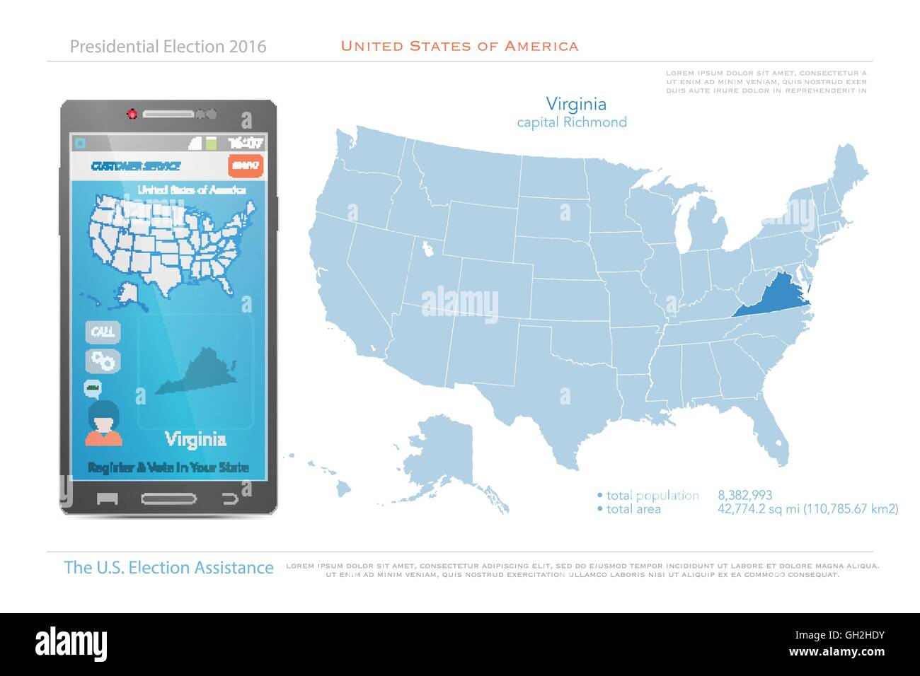 Stati Uniti d'America mappe e Virginia membro territorio. vettore USA mappa politico. Noi assistenza elettorale app per smart phone Illustrazione Vettoriale