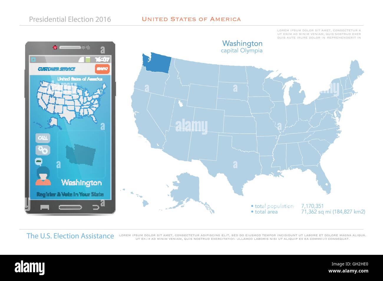 Stati Uniti d'America mappe e nello stato di Washington territorio. vettore USA mappa politico. Noi assistenza elettorale app per smart pho Illustrazione Vettoriale