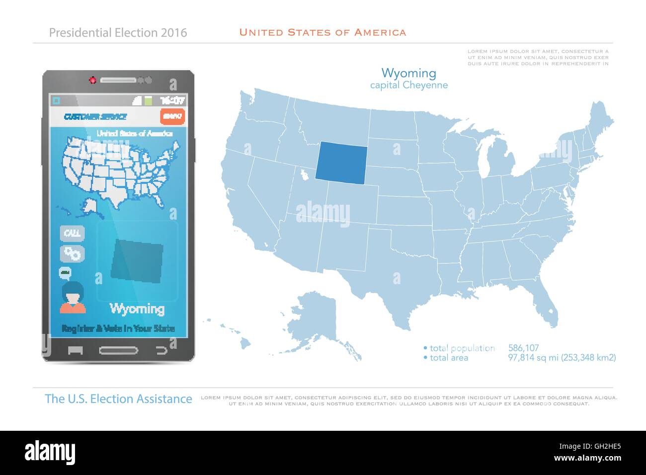 Stati Uniti d'America mappe e stato del Wyoming territorio. vettore USA mappa politico. Noi assistenza elettorale app per smart phone. Illustrazione Vettoriale
