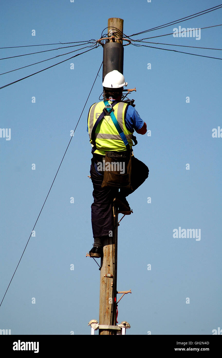 Tecnico di manutenzione su un palo del telegrafo Foto Stock