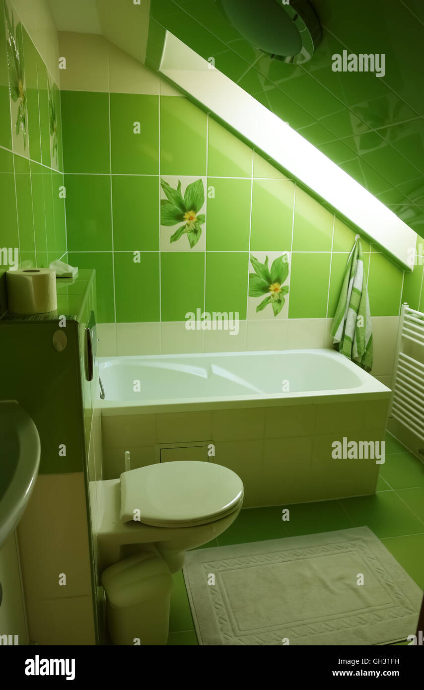 Lubica, Presov, Slovacchia - Luglio 07, 2016: Gli interni della sala da bagno in colore verde con vasca bianca in casa slovacco in Lubica Foto Stock