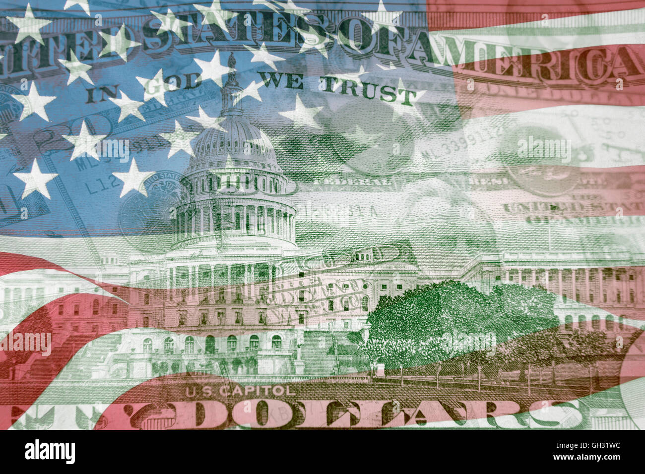 Bandiera americana, monete e banconote in euro Foto Stock