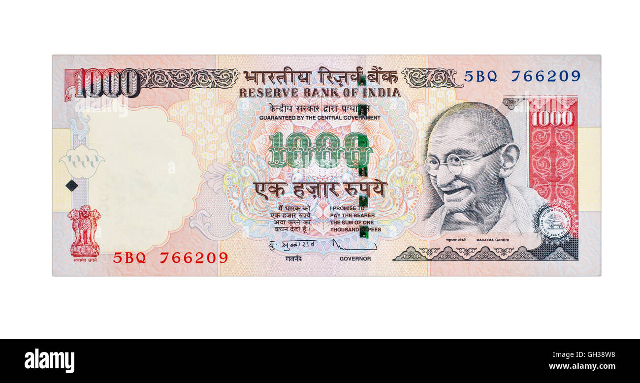Un migliaio di rupie nota (valuta indiana) isolato su uno sfondo bianco. Foto Stock