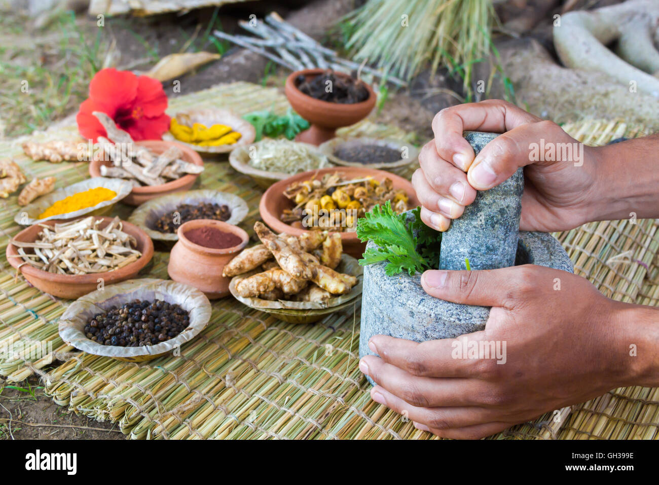 Un giovane medico indiano la preparazione tradizionale ayurvedico, alle erbe, medicina. Foto Stock