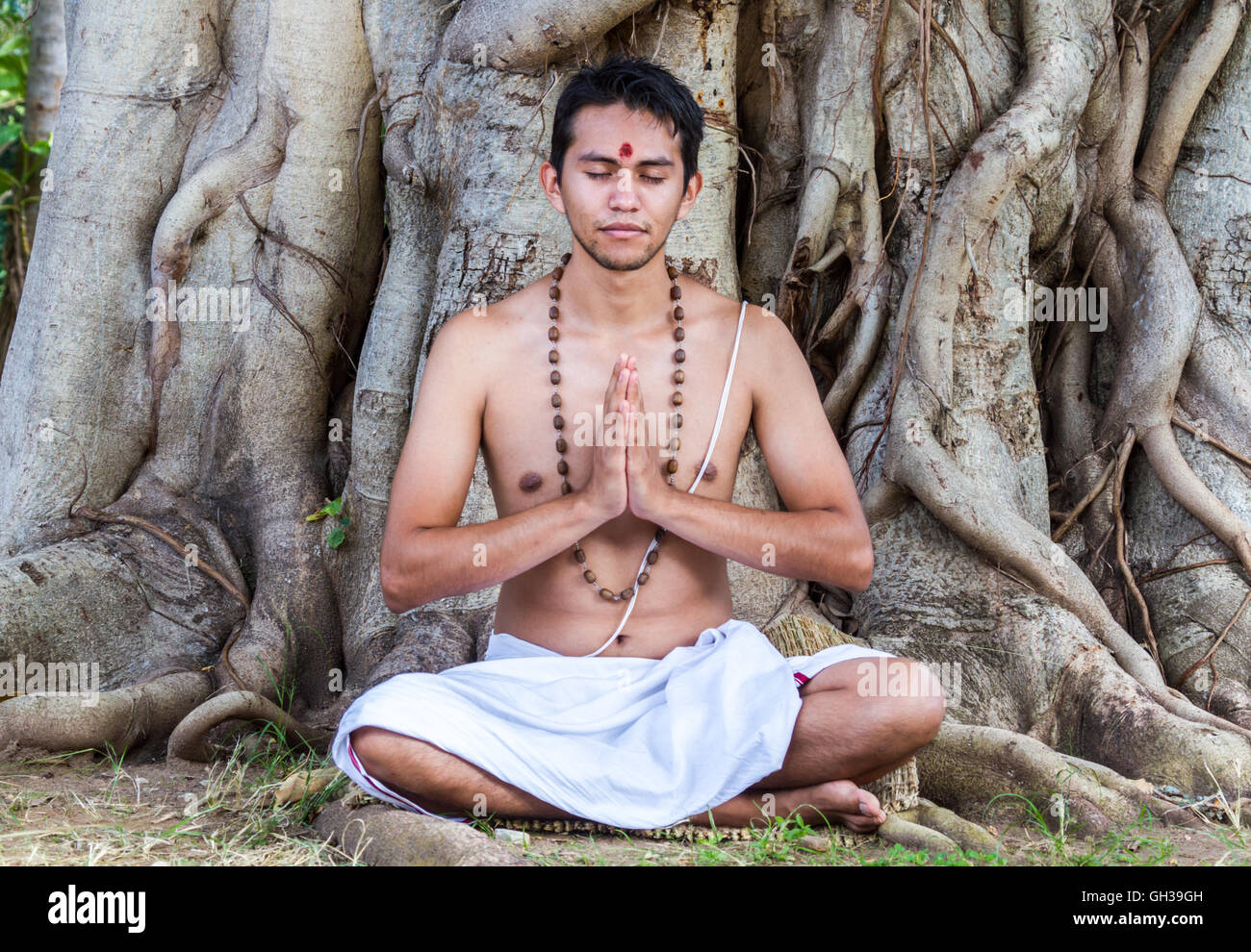 Un giovane uomo indù si siede in meditazione sotto un banyan tree. Foto Stock