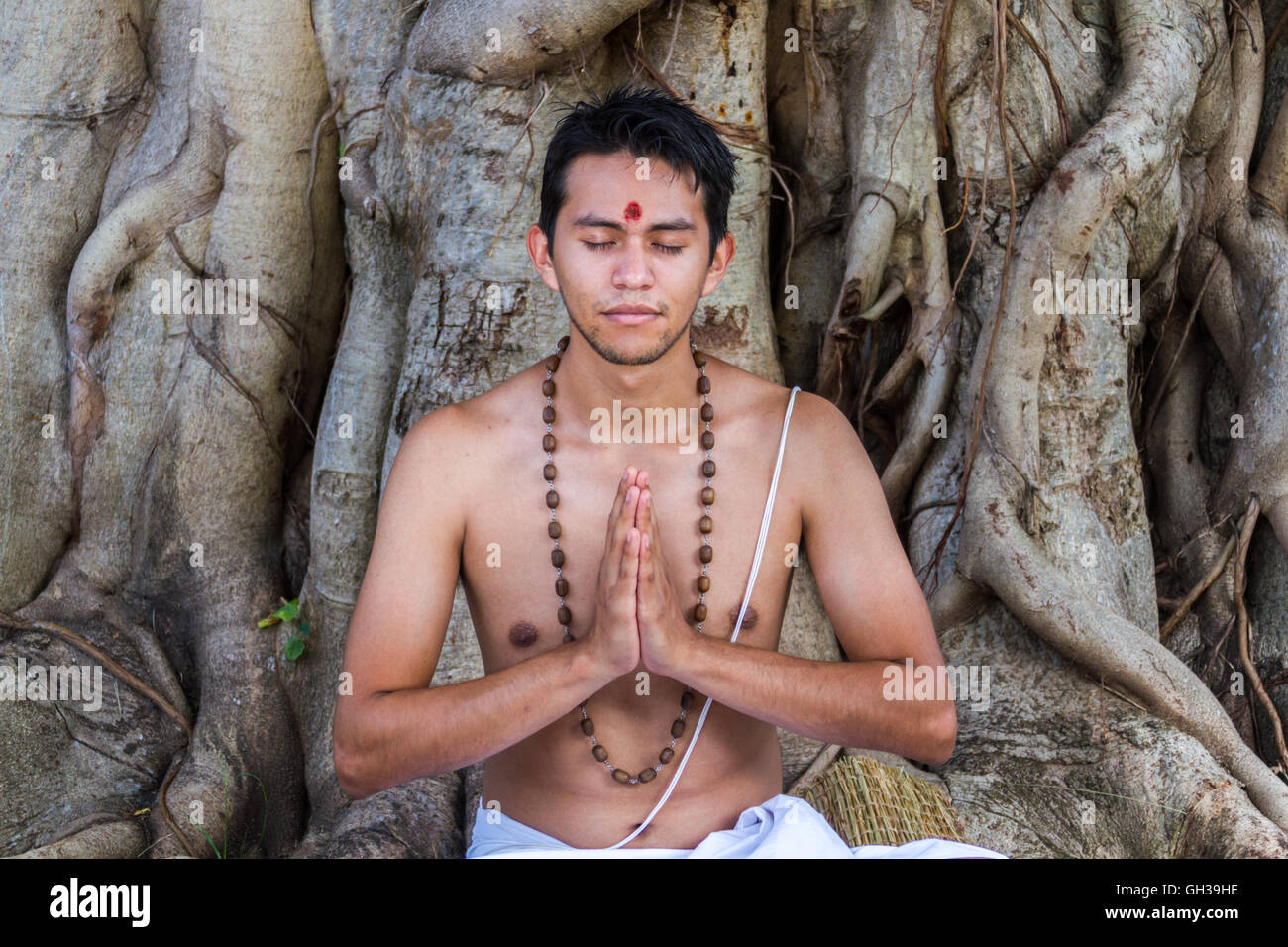 Un giovane uomo indù si siede in meditazione sotto un banyan tree. Foto Stock