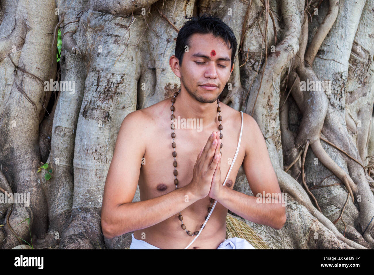 Un giovane uomo indù si siede in meditazione sotto un banyan tree. Foto Stock