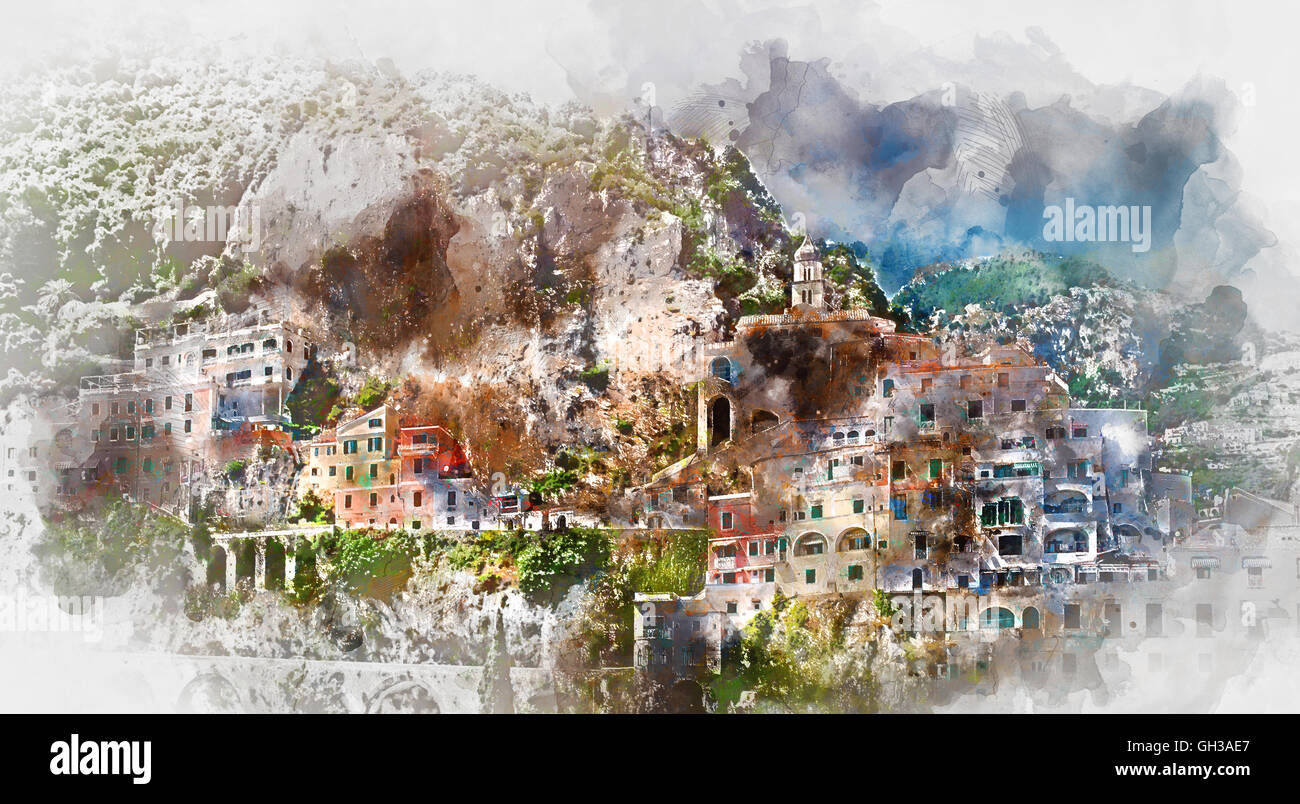 Digital pittura ad acquarello di Amalfi Foto Stock