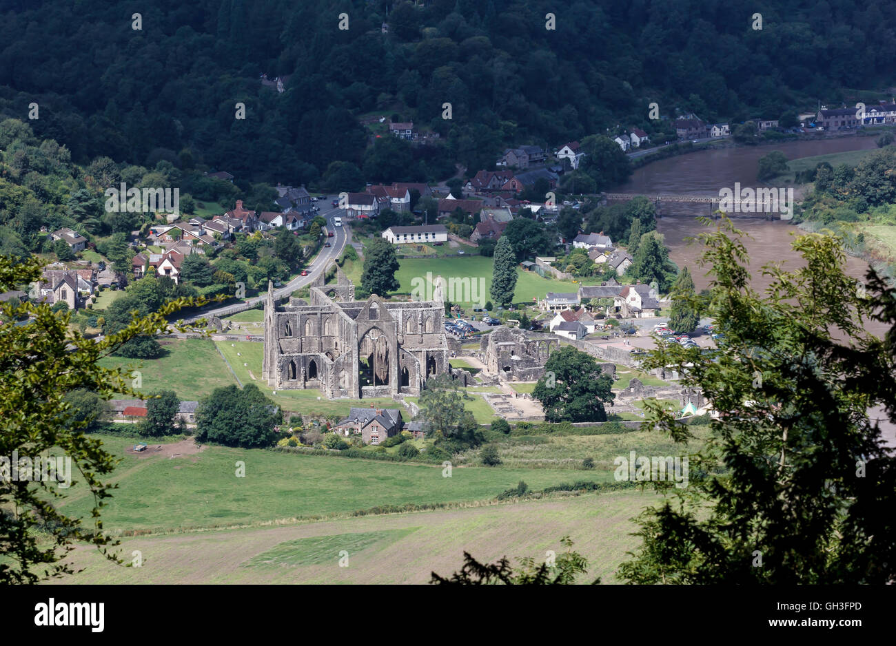 Tintern Abbey è situato adiacente al villaggio di Tintern nel monmouthshire, sul welsh banca del fiume Wye. Foto Stock