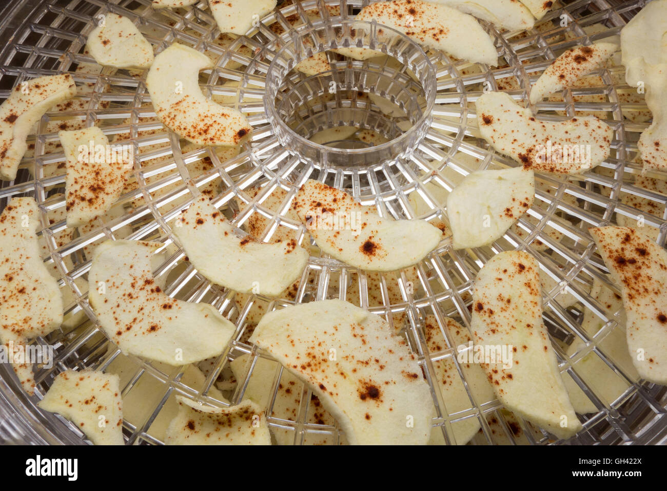 Tagliate le mele con la cannella sul vassoio di essiccatore Foto Stock