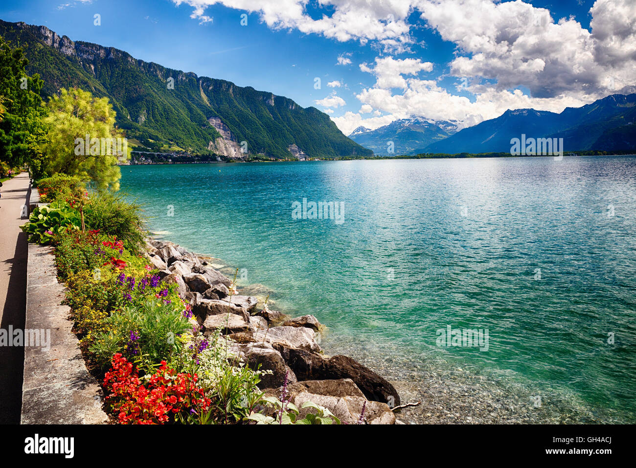 Il lago di Ginevra Scewnic vista da Monreux, Canton Vaud, Svizzera Foto Stock