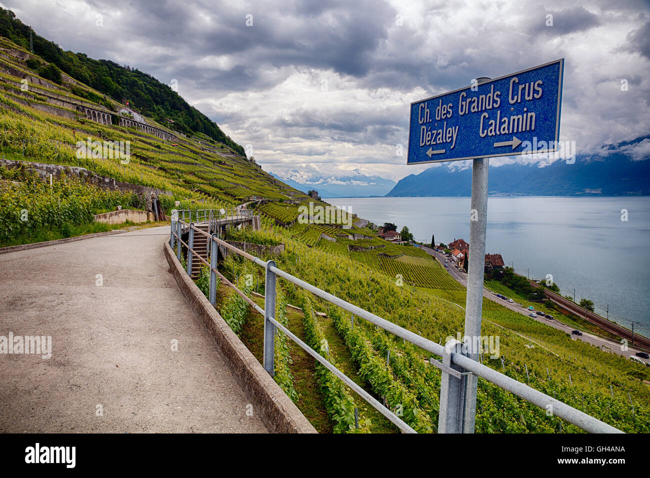 Segno in corrispondenza di un lato piste Country Road vigneto di Lavaux terrazze, Epesses, Canton Vaud, Svizzera Foto Stock